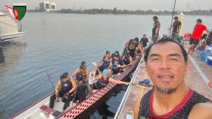 Desert Falcons Dragon Boat team in action during their morning water training session at QD's - Deira Creek, guided by Coach Intan. The team, including both experienced paddlers and enthusiastic newbies, pushes through synchronized strokes, building strength and coordination for upcoming races.