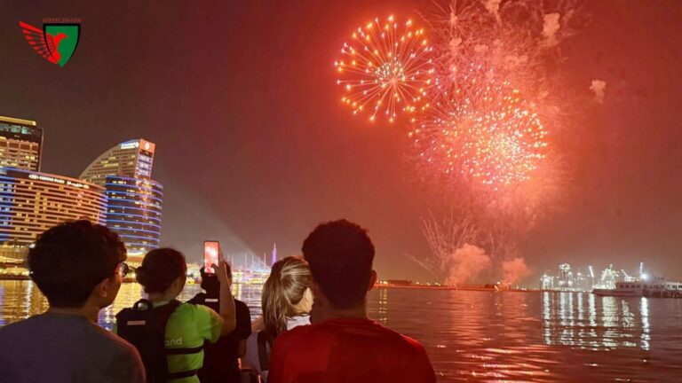 Dubai dragon boat training at Deira Creek with firework