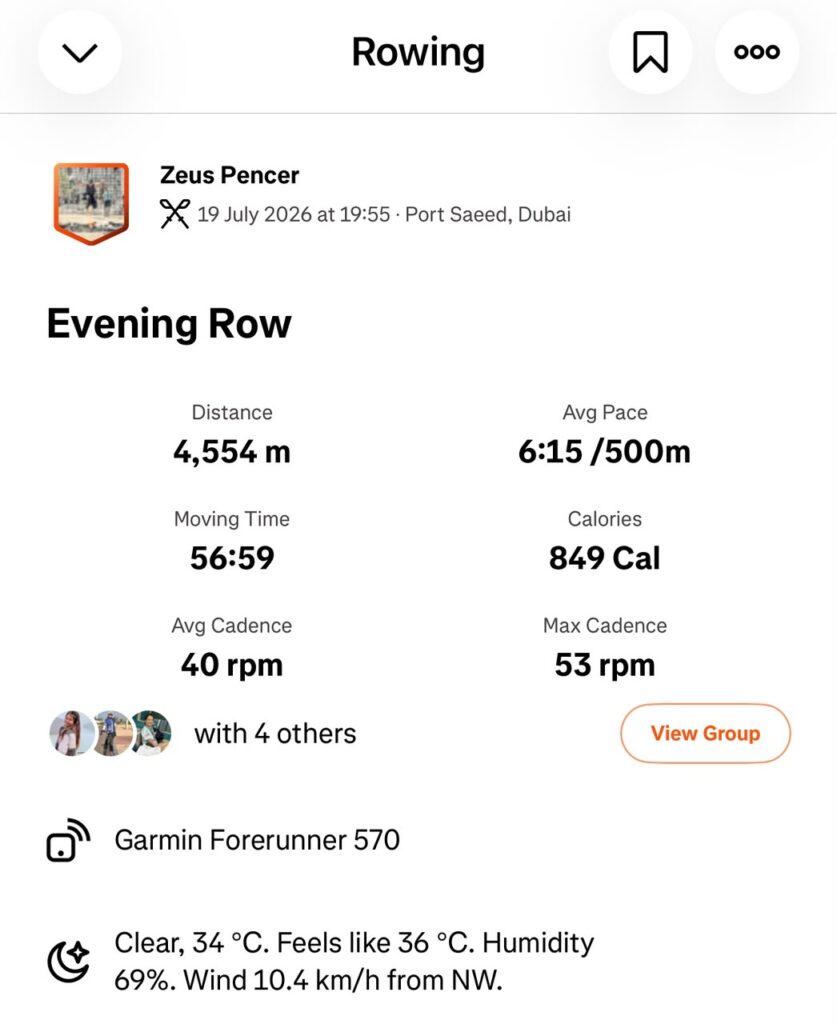 Desert Falcons water training 19 July 2026 – Zeus Strava rowing record