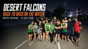 Desert Falcons paddlers after evening dragon boat training at Deira Creek on 19 July 2026