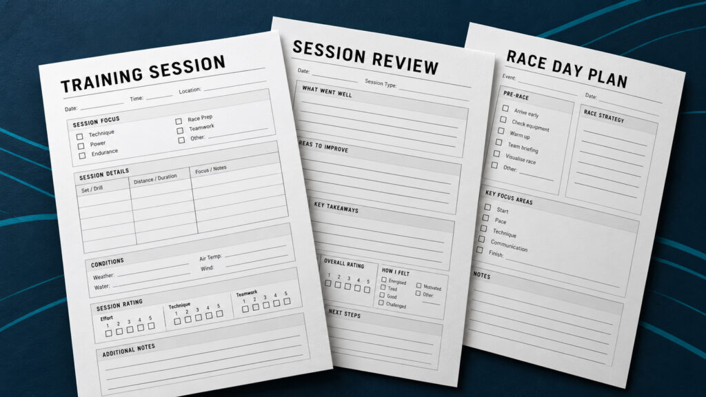 Inside pages of the Dragon Boat Training Log showing training session, session review and race day planning templates